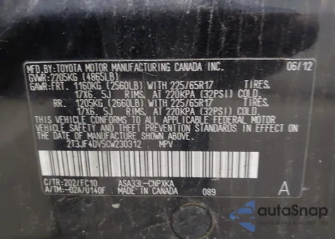 2012 Toyota Rav4 from USA, damaged, VIN 2T3JF4DV5CW230312